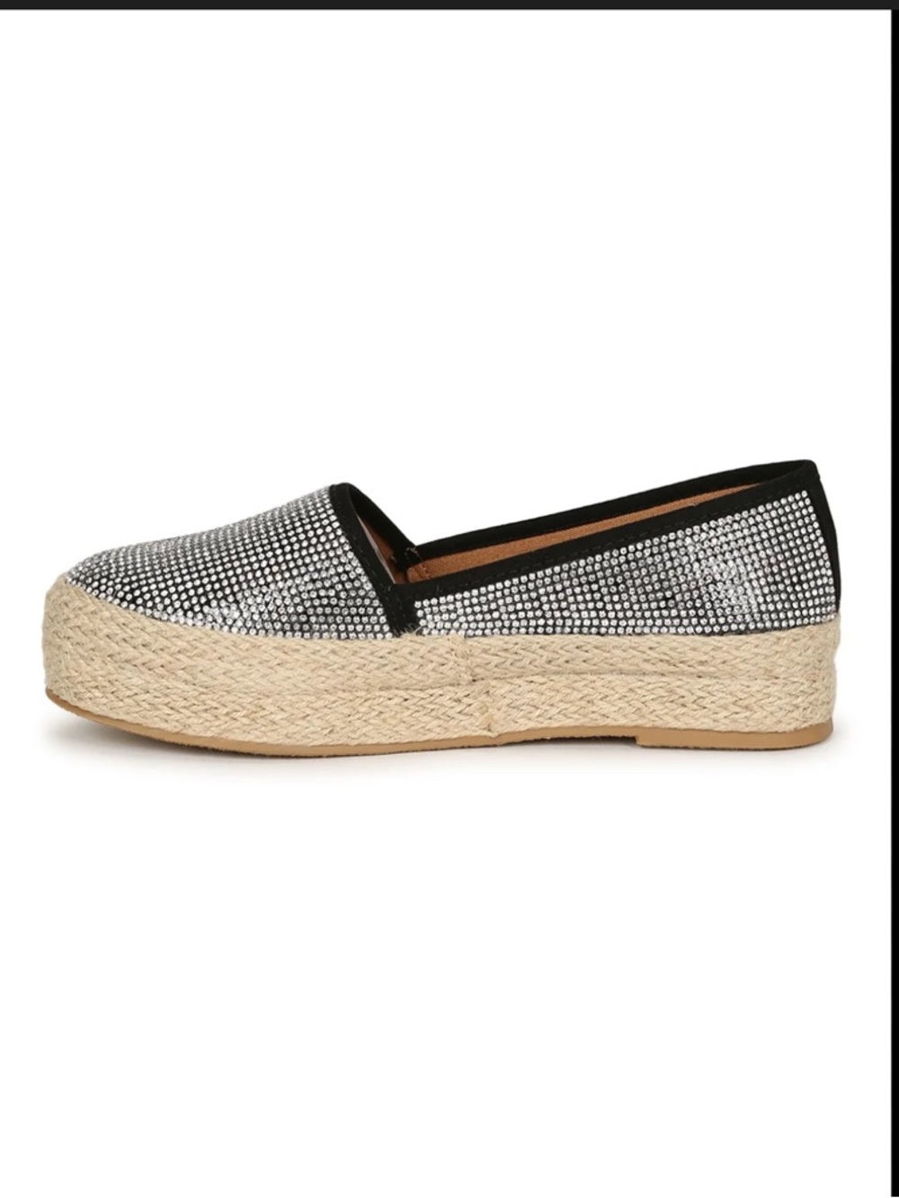 Womens Silver Rhinestone Espadrille Platform Slip-On